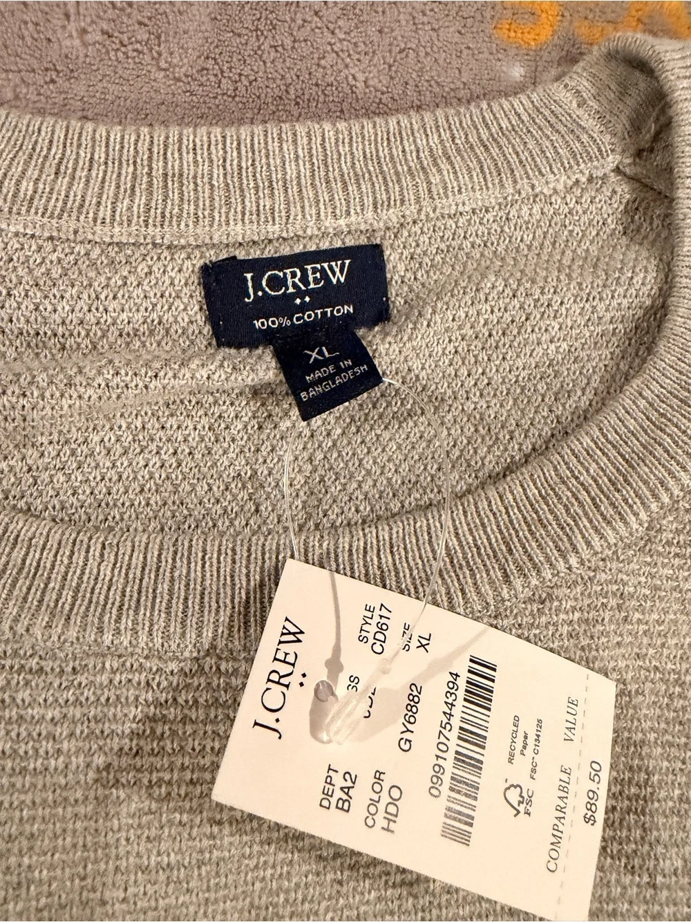 NWT J. Crew Men's XL Light Gray Crewneck Sweater - 100% cotton